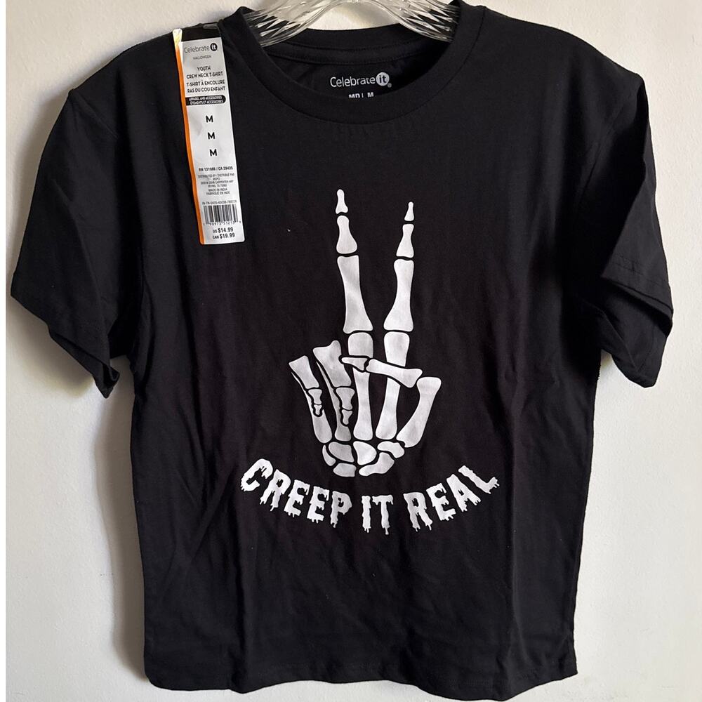 "Creep It Real" Youth Crew Neck Graphic Tee Sz M Black Skeleton Hand 100% Cotton